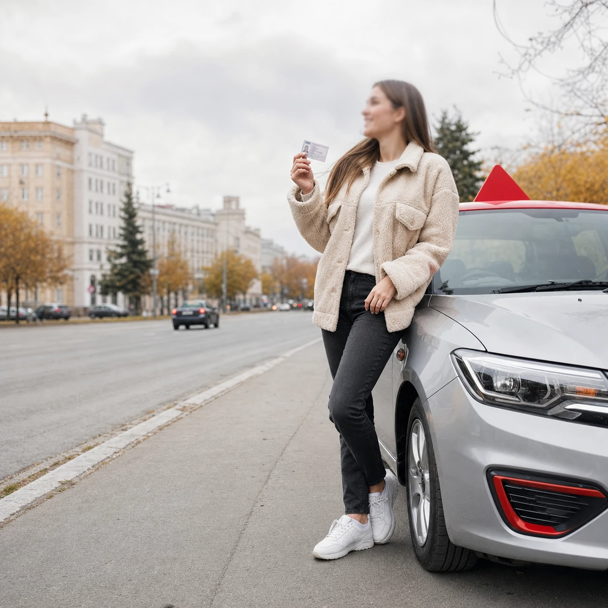 Ученица автошколы у учебного автомобиля с правами в руках